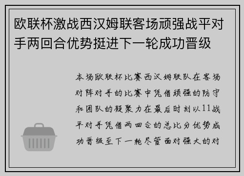 欧联杯激战西汉姆联客场顽强战平对手两回合优势挺进下一轮成功晋级 欧联杯激战西汉姆联客场顽强战平对手两回合优势挺进下一轮成功晋级