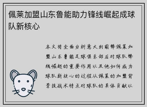 佩莱加盟山东鲁能助力锋线崛起成球队新核心