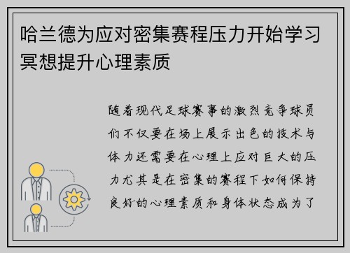 哈兰德为应对密集赛程压力开始学习冥想提升心理素质 哈兰德为应对密集赛程压力开始学习冥想提升心理素质