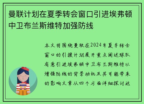 曼联计划在夏季转会窗口引进埃弗顿中卫布兰斯维特加强防线 曼联计划在夏季转会窗口引进埃弗顿中卫布兰斯维特加强防线